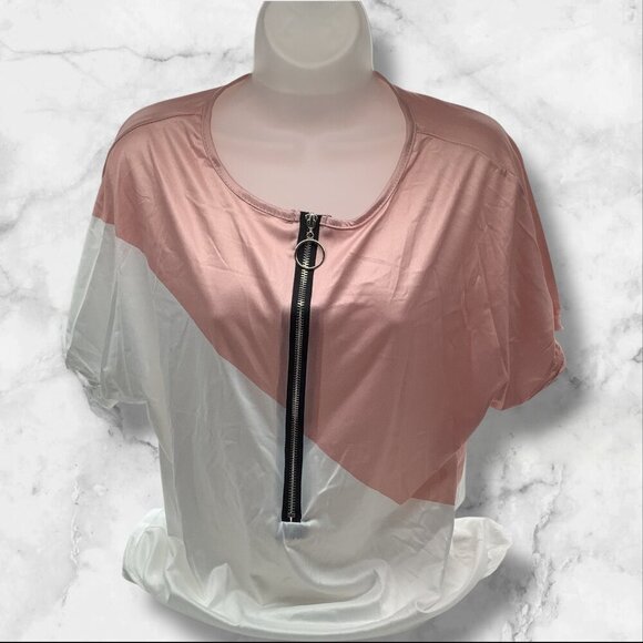 Color Block Top With Front Zipper Detail For Women’s Size M Pink & White - Picture 1 of 7